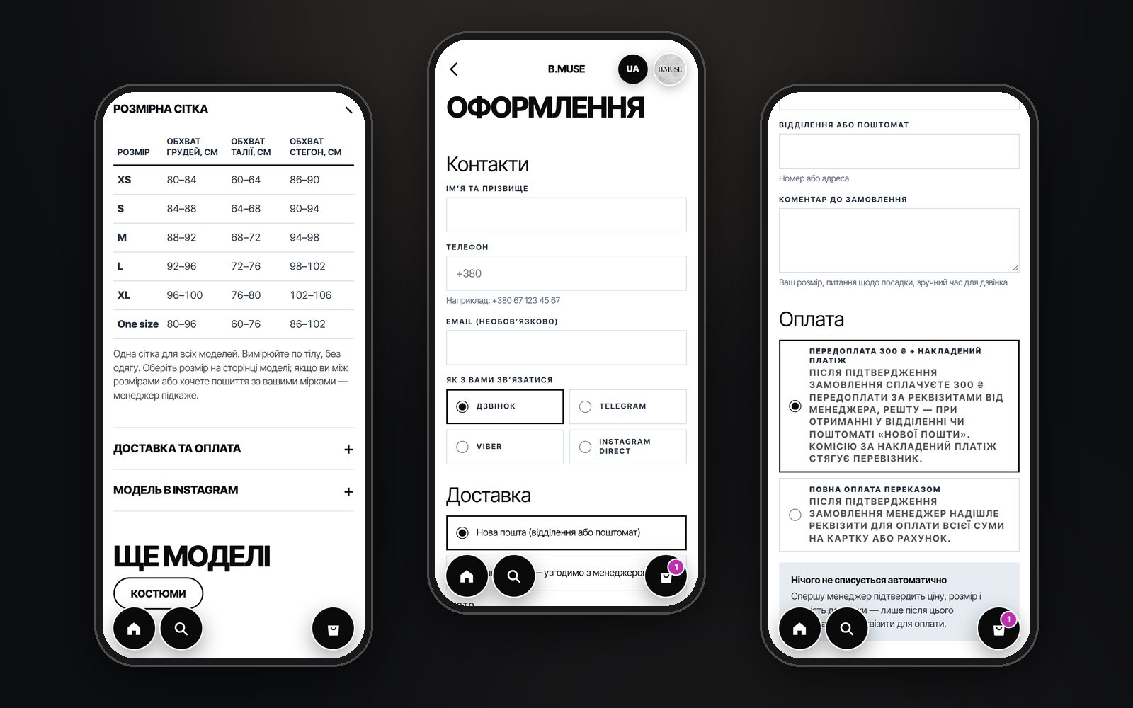 Розмірна сітка з обхватами, форма оформлення замовлення і вибір способу оплати