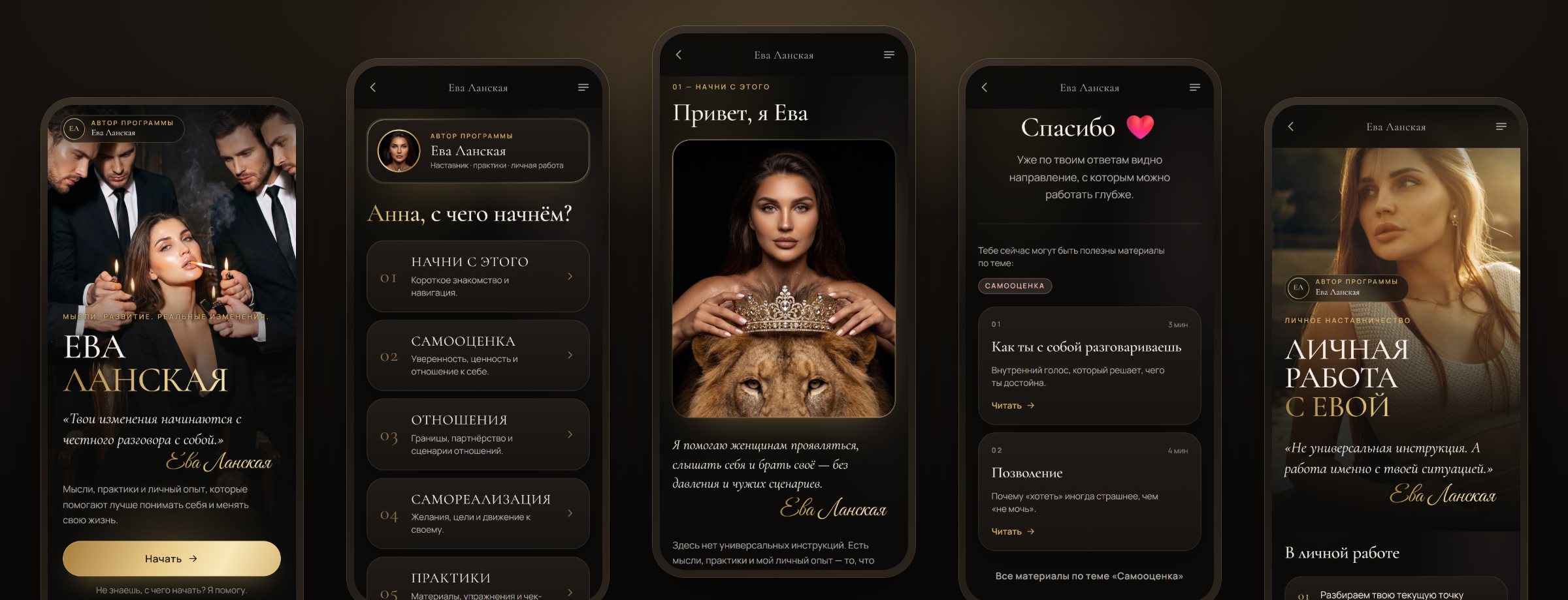 П’ять екранів застосунку Єви Ланської в Telegram: перший екран, меню, знайомство, результат діагностики й особиста робота