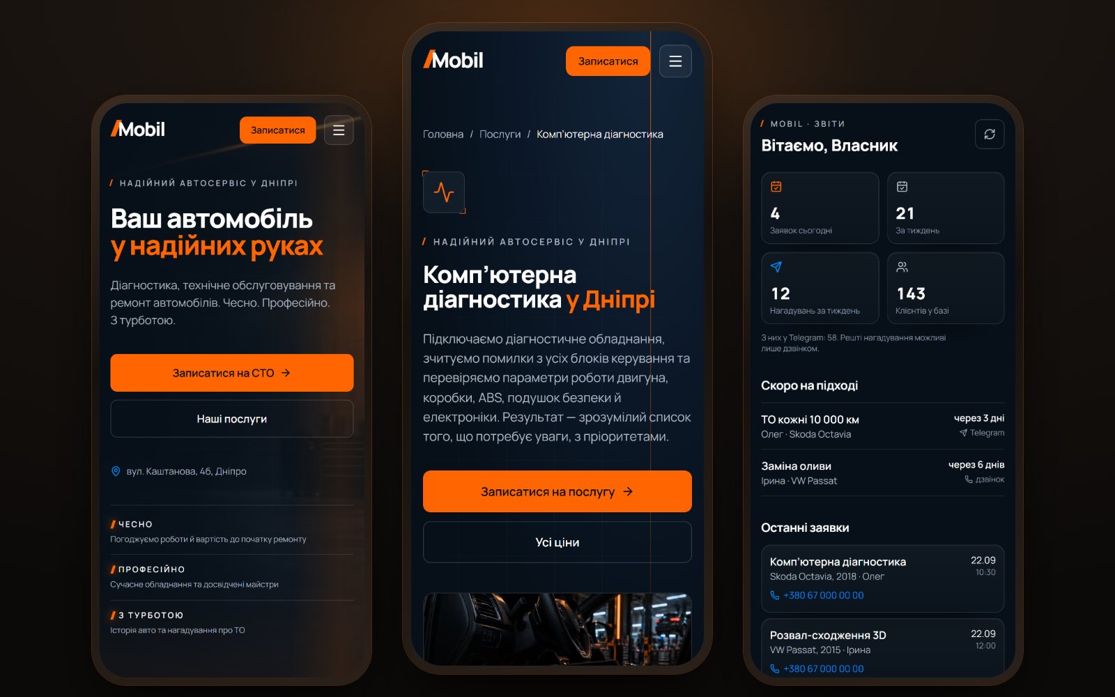 Три екрани сайту Mobil: головна, сторінка послуги і застосунок зі звітами в Telegram