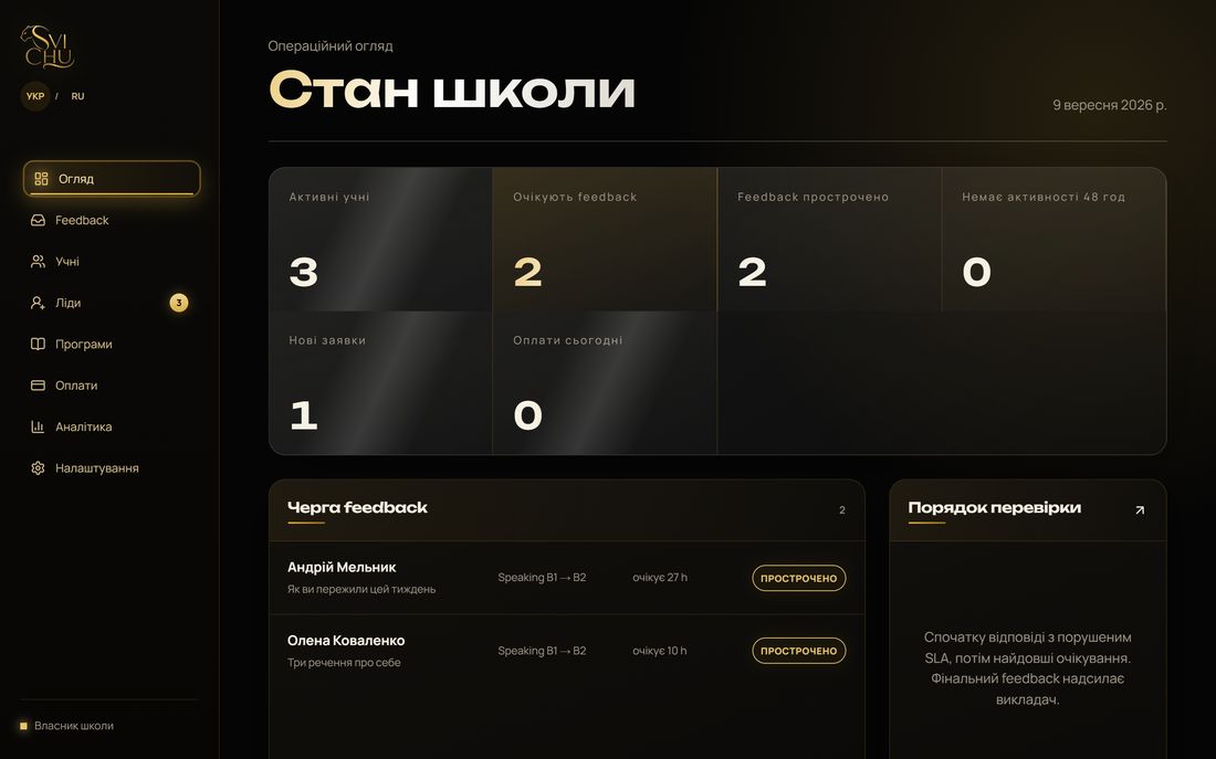 Кабінет у тому ж чорно-золотому стилі, що й сайт