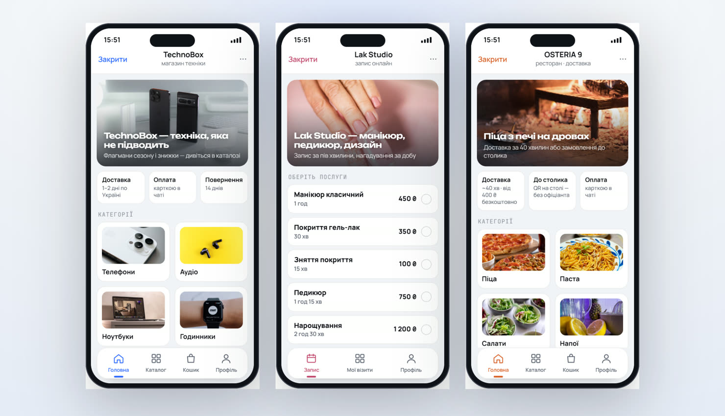Три Telegram Mini App на телефонах: магазин техніки, запис у салон і меню ресторану